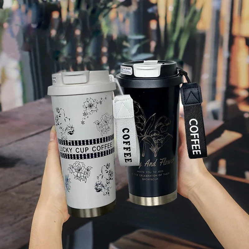 316 Stainless Steel Flower Coffee Mug, Vacuum Flask, Straw and Directly Drinking, Insulated Tumbler, Thermal Cup, Women, 500ml