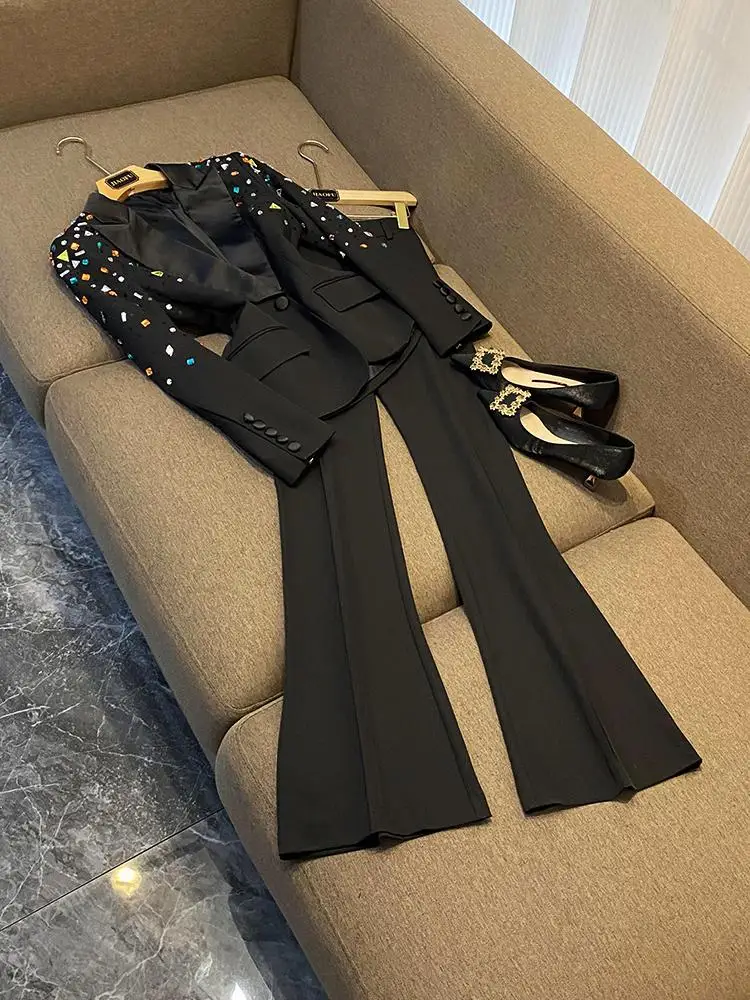 

Briti Sle Slim Fit Suit Jaet And Flared Pants Two Piece Set for Women with Rhinestones Ele Workwear