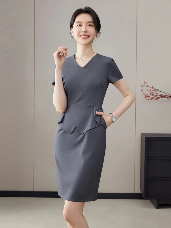 

Elegant Mid-Length Career Dress Women's Summer New Style Slimming Wrap around Skirt OL Style Polyester Fiber Short Sleeve Zip...