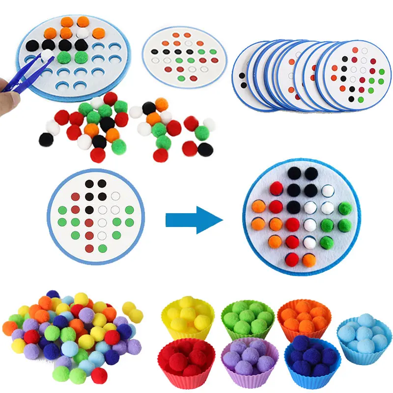 Montessori Pompoms Counting Sorting Matching Tweezers Toys Rainbow Preschool Baby Children Kids Fine Motor Skill Party Favor Toy