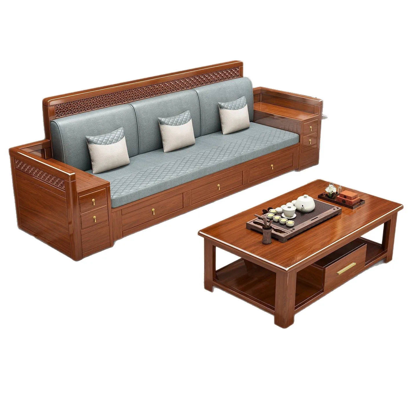 Living room storage push-pull dual-purpose sitting and lying retractable solid wood sofa bed