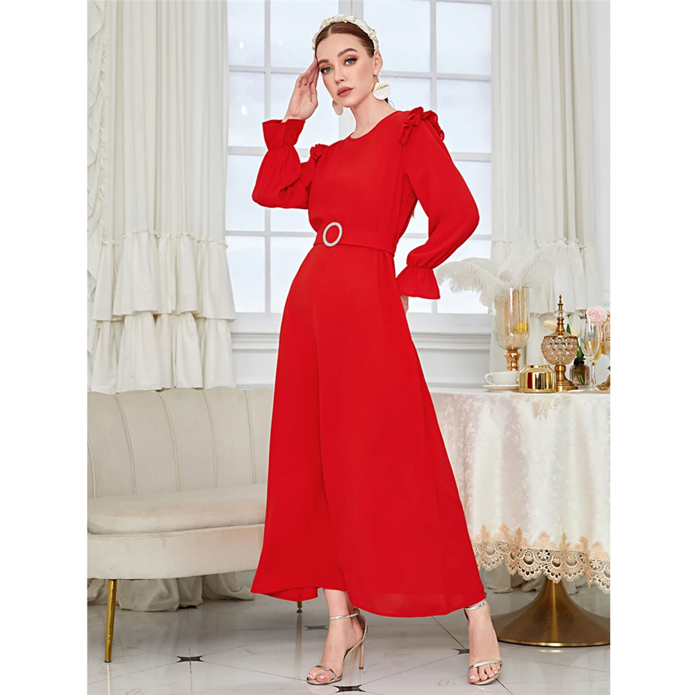 

Muslim Elegant Women Abayas Solid Color Maxi Dress Turkey Arab Robe With Belt Islamic Dubai Kaftan Eid Ramadan Party Clothing