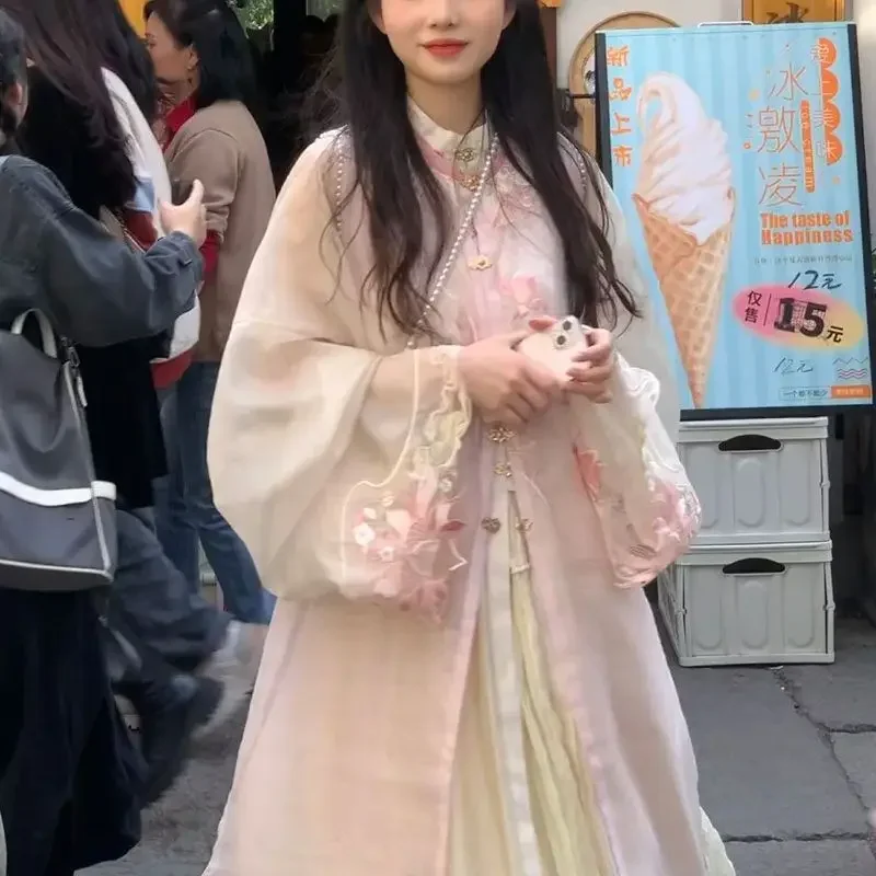 

Розовый костюм с вышивкой, платье, новый двубортный длинный рубашка в китайском стиле с круглым вырезом, улучшенная длинная универсальная юбка, женский комплект