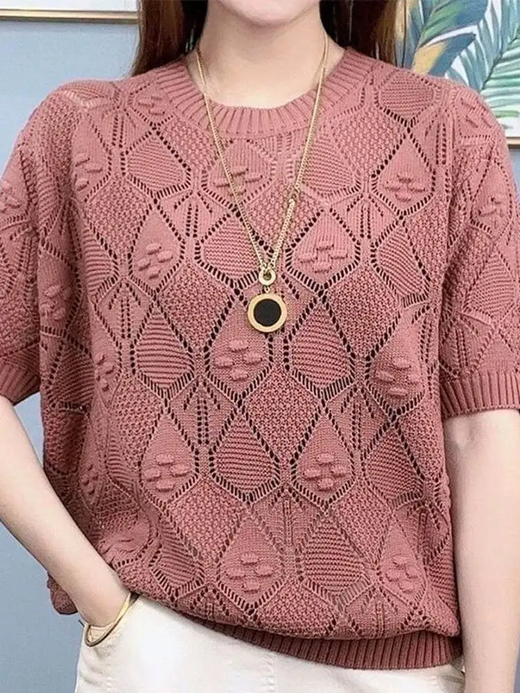 Slimming Effect Loose Knitted Ice Silk T-Shirt Women's Short Sleeve Summer Thin Fashionable Outerwear Hollow out Decorated Co...