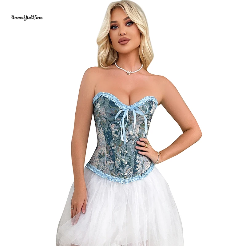 

Sky Blue Steampunk Vintage Corselet 12 Glue Boned Chest Binder Bustier Victorian Corset For Women