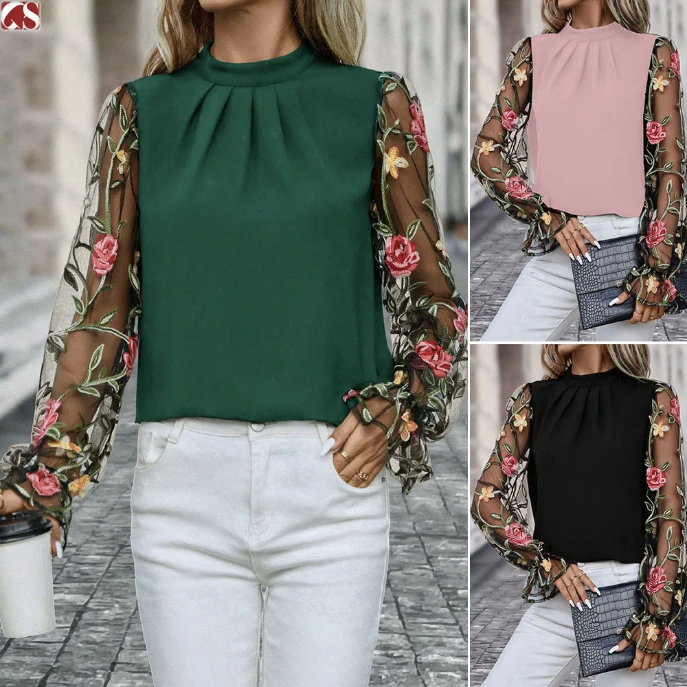 

Женские блузки-рубашки в винтажном стиле с круглым воротником, рукавами-фонариками, цветочной вышивкой, топы Y2K, уличная мода, элегантные комбинированные рубашки, весна 2026