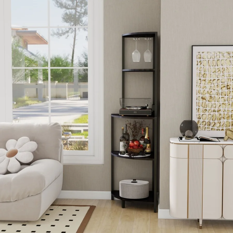 

5 Tier Corner Shelf with LED Light and USB Plug With Glass Holder Tall Standing Shelf for Wall Corner Narrow Bookshelf