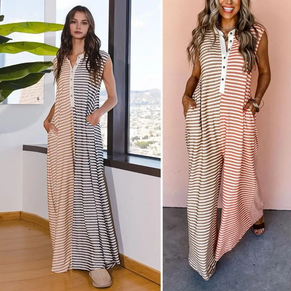 Women Color Block Jumpsuit Chic Striped Print Jumpsuit with Wide Leg Buttons Side Pockets for Daily Wear Summer Style Jumpsuit