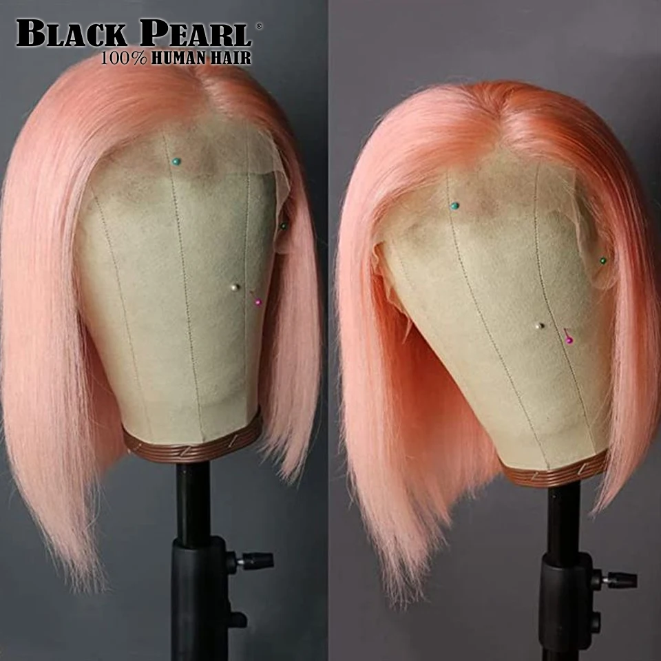 Wig Bob merah muda renda lurus halus Wig rambut manusia depan untuk wanita Wig renda transparan Bob pendek simpul diputihkan merah muda