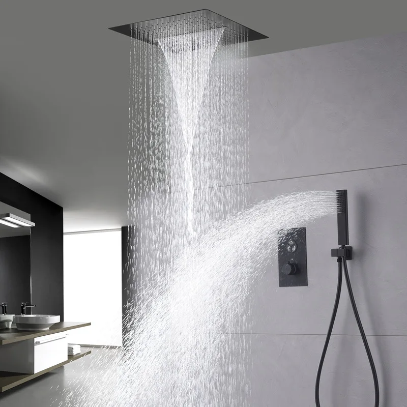 Luxury Wall Mounted 400*400mm Ceiling installation Shower head set Waterfall Rainfall Thermostatic Bathroom shower faucet set