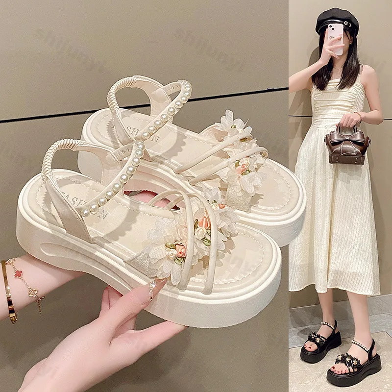 

Женские сандалии, коллекция 2024, летняя женская обувь, новые пляжные туфли в Риме с цветочным узором, модные уличные сандалии на платформе, Sandalias De Mujer