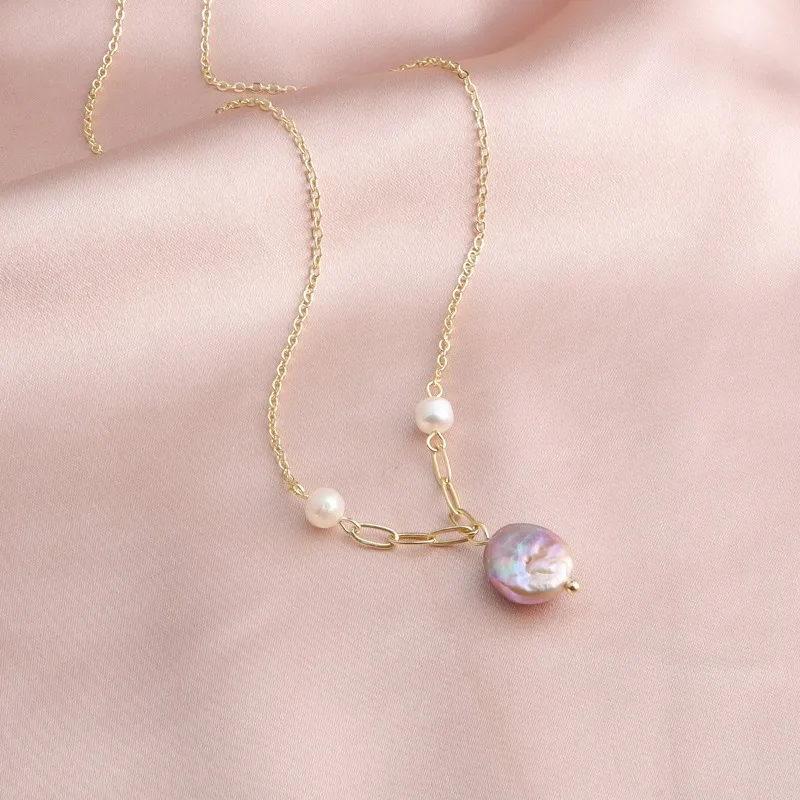 Minar Textured Pink Purple Natural Freshwater Pearl Pendant Necklaces for Women 14K Real Gold Plated Copper Link Chain Chokers