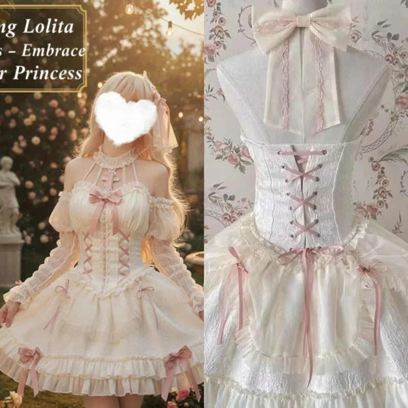 Lolita Bow Dresses Lace Cross Princess Ballet Skirt Doll Girls Lolita Hanging Neck Pink A-line Dresses Generate Pink Dresses New