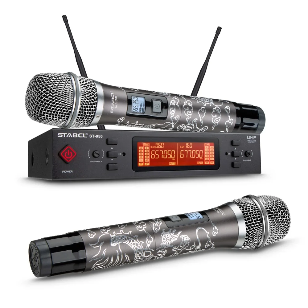 ST-950 Dual channel Professional UHF Cordless Dynamic Microphone Handheld Microphone System for family karaoke meetings