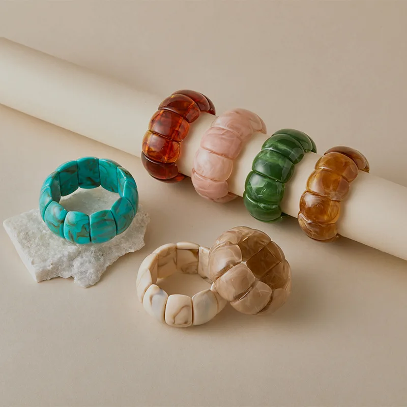 Vintage Acrylic Resin Stretchy Smudging Bangles Geometric Wide Chunky Ellipse Elastic Rope Bracelets for Women Pulseras Jewelry