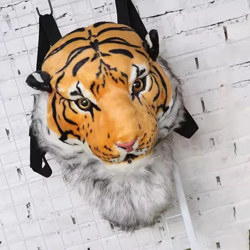 Simulation Animal Tiger Head Backpack Shoulder Bag Satchel Schoolbag Package Plush Toy Stuffed Doll Wild Nature Girl Boy Gift