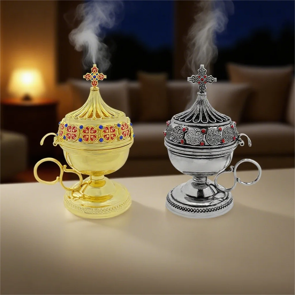 

Orthodox Christian Censer Zinc Alloy 4.92'' Cross & Enamel Decor, Gold Silver with Incense Dish for Church Rituals Home Altar