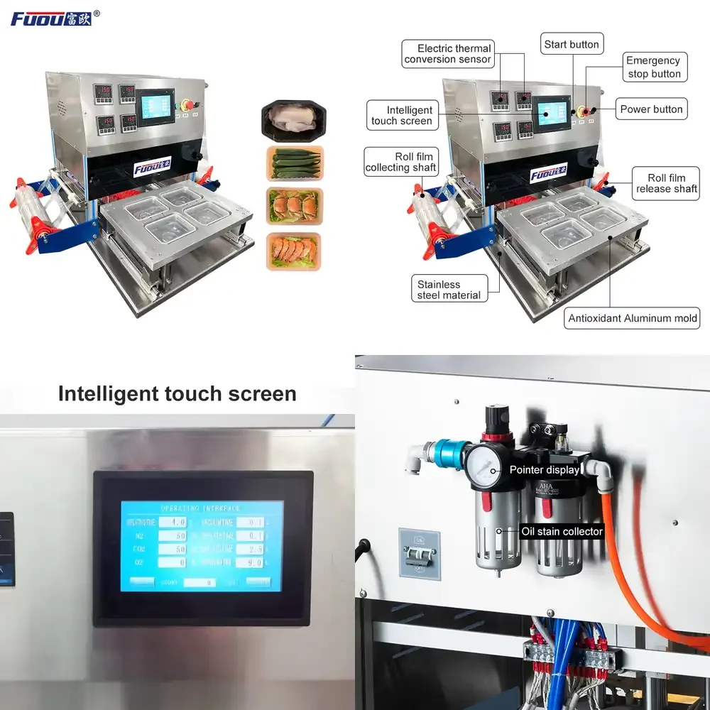 Selladora Neumática Automática de Plástico para Envolver Envases de Comida Rápida, Máquina para Envolver Pollo, Carne, Fideos y Tofu