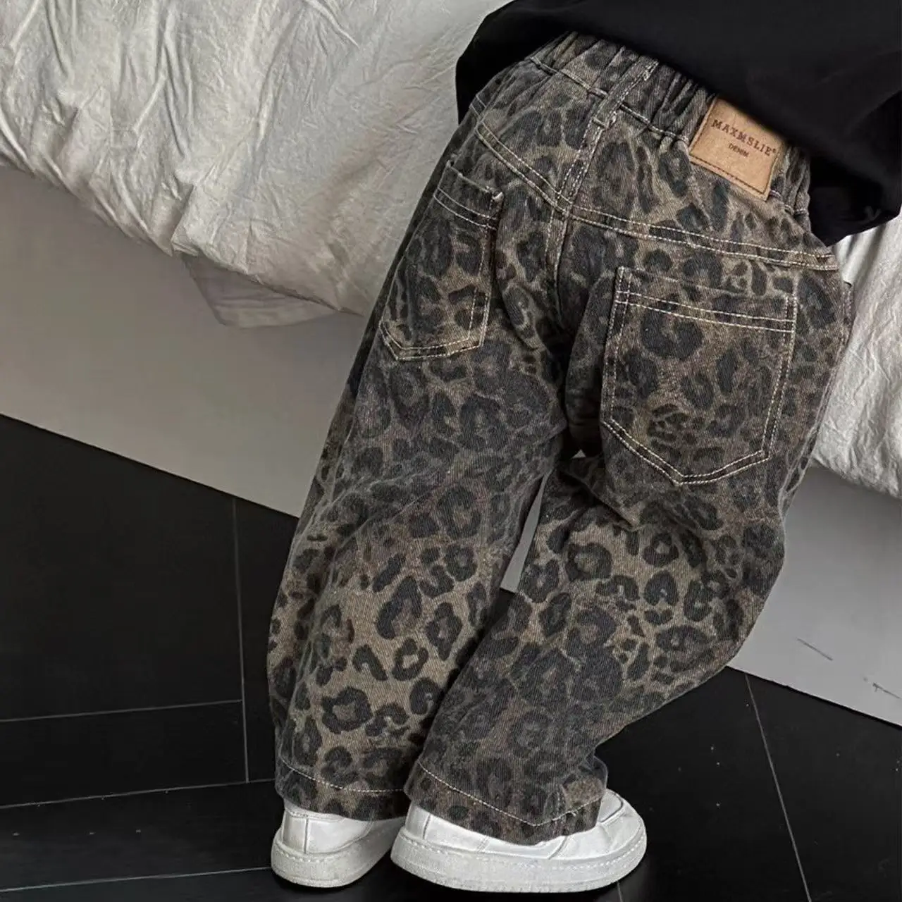 Spring Autumn Children's Pants Boys Leopard Print Jeans Korean Baby Clothing Kids Handsome Casual and Fashionable Loose Trousers