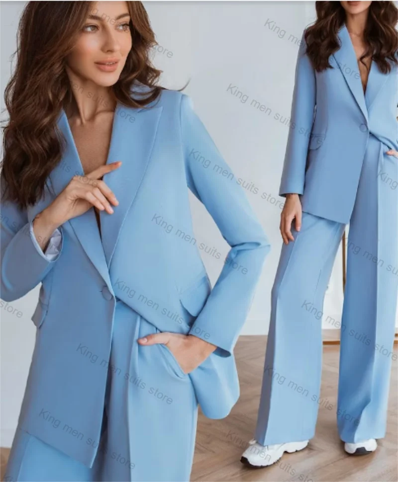 Blue Women Suit set 2 Piece Cotton Blazer Pants Custom Made Formal Office Lady Wedding Tuxedos One Button Jacket Prom Trousers