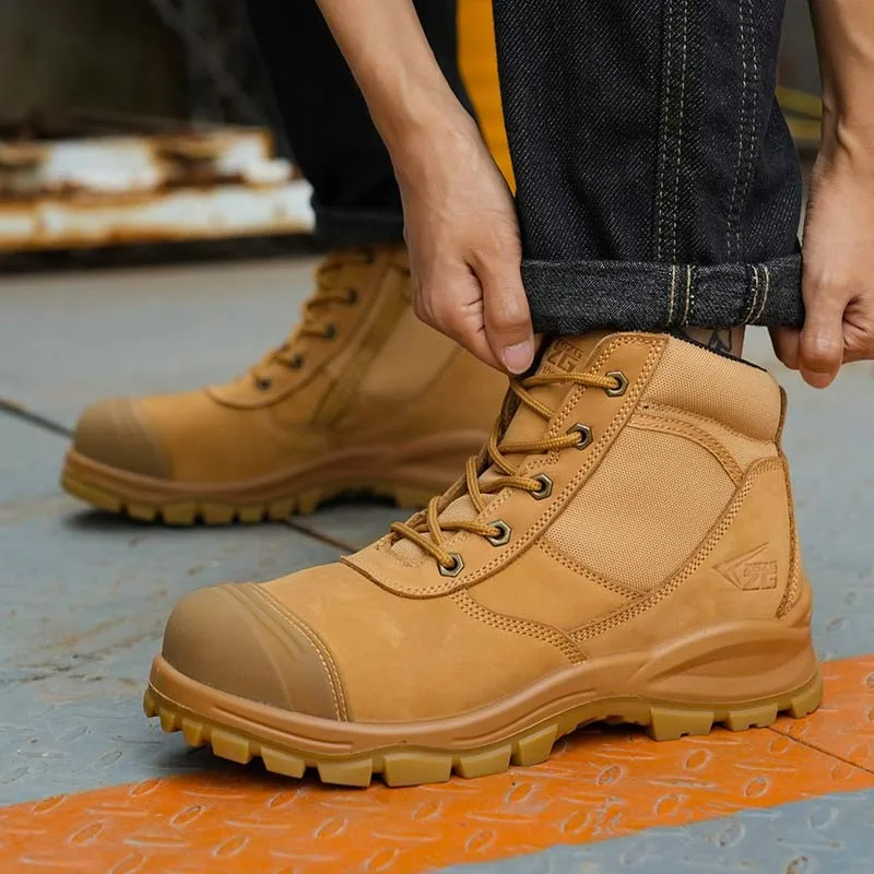 Botas de cuero de vaca de alta calidad para hombre, zapatos de seguridad con punta de acero, zapatos de trabajo protectores antigolpes y