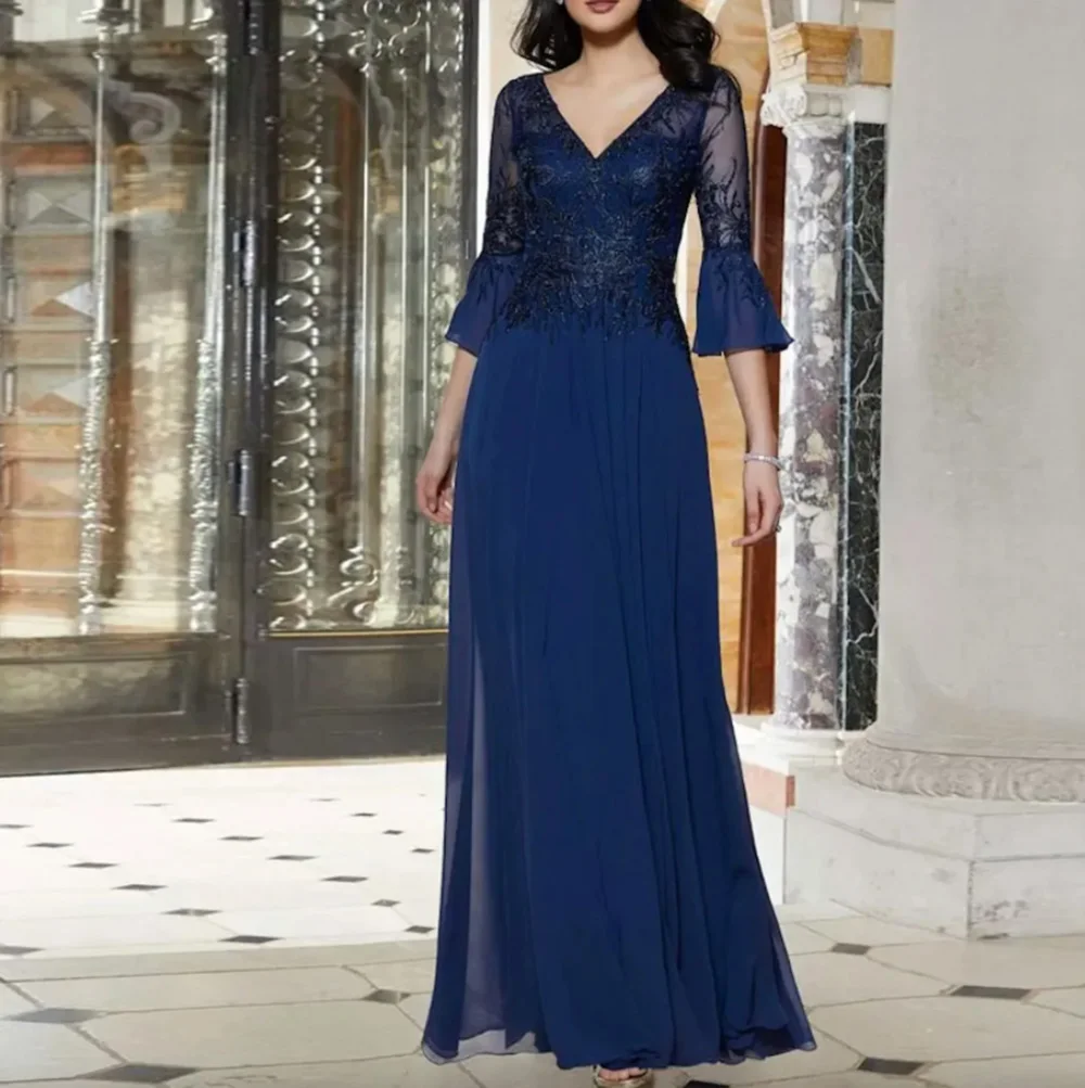 Elegant deep sea Blue Bridal Mother dress V-neck floor-length seven-point sleeve chiffon plus size tulle perspective