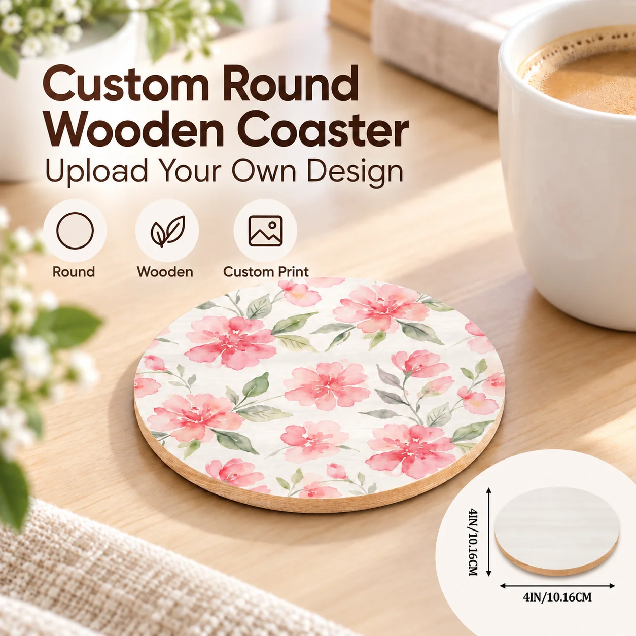 Custom Round Wooden Coaster, Personalized Any Image Print Heat Resistant Cup Mat for Office Home Decor