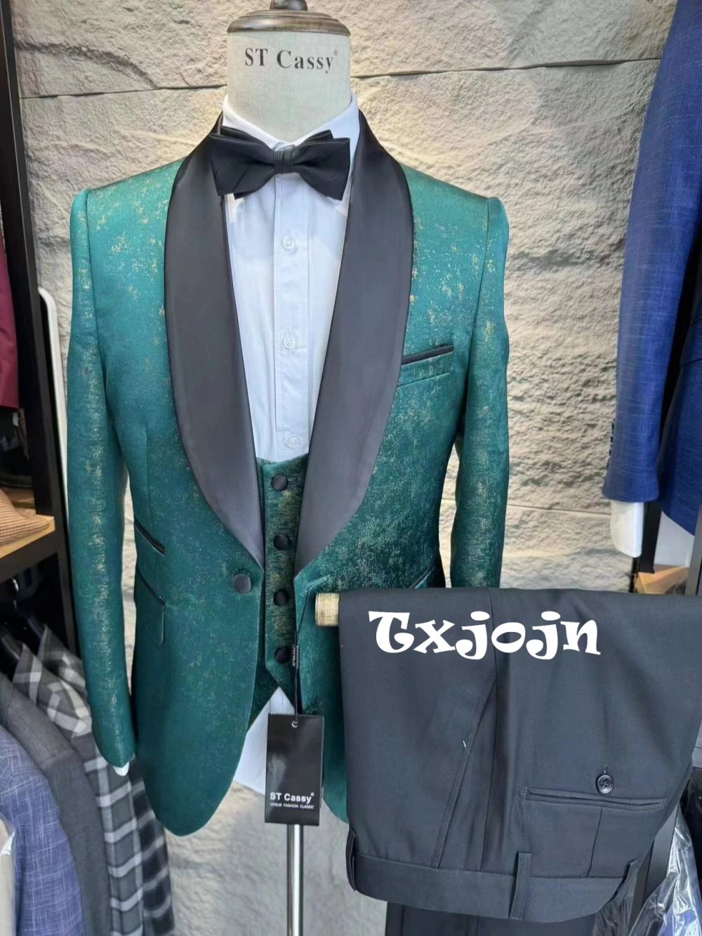 

Casual Green Jacquard Tuxedo 3 Pieces Blazer Vest Pants Customized Shawl Lapel Men's Slim Fit Formal Suit Set Wedding Prom Wear