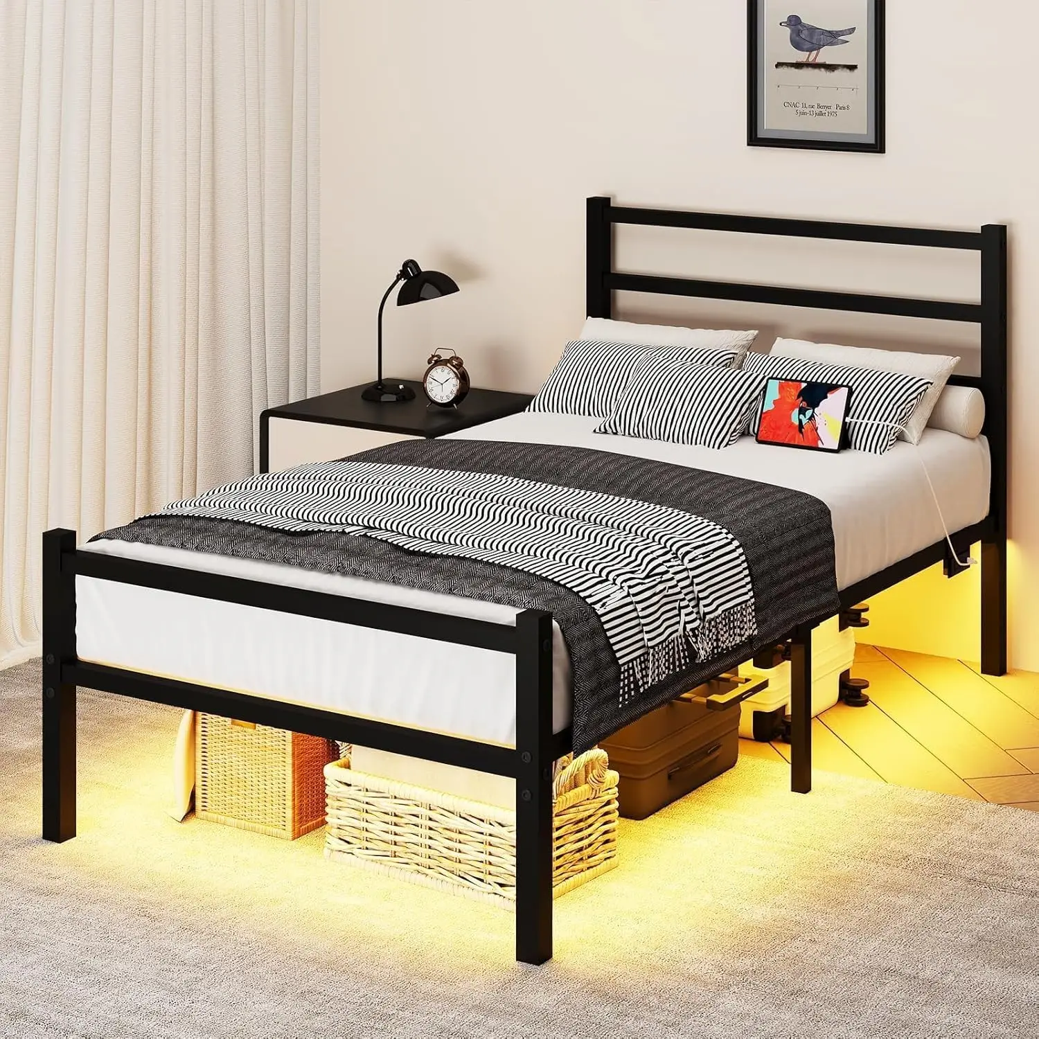 

Двуспальная металлическая кровать-платформа с зарядной станцией и LED-подсветкой на изголовье, для детей, без пружинного блока, простая сборка, на заказ