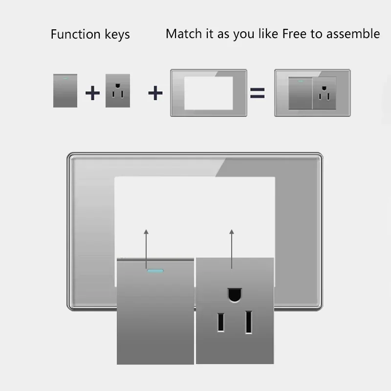 American Standard Grey Tempered Glass Usb Type-c Power Outlet,US Mexico Thai Double USB Socket Plug Wall 2way Light Switch Panel