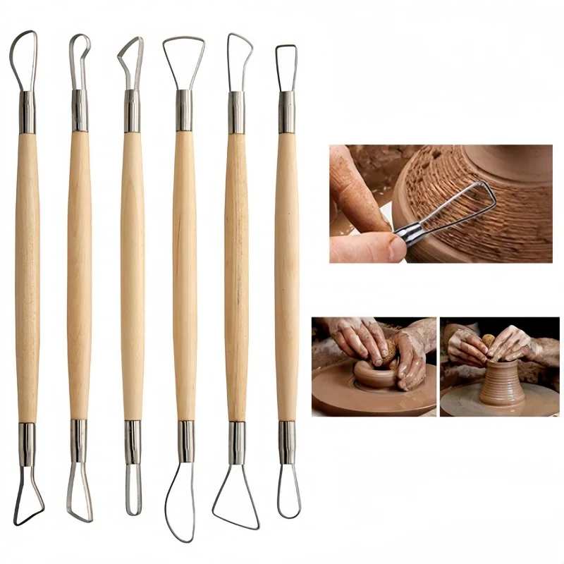 6 wooden mud flat wire knife pottery clay tools Log pottery clay carving plastic knife pottery clay tools