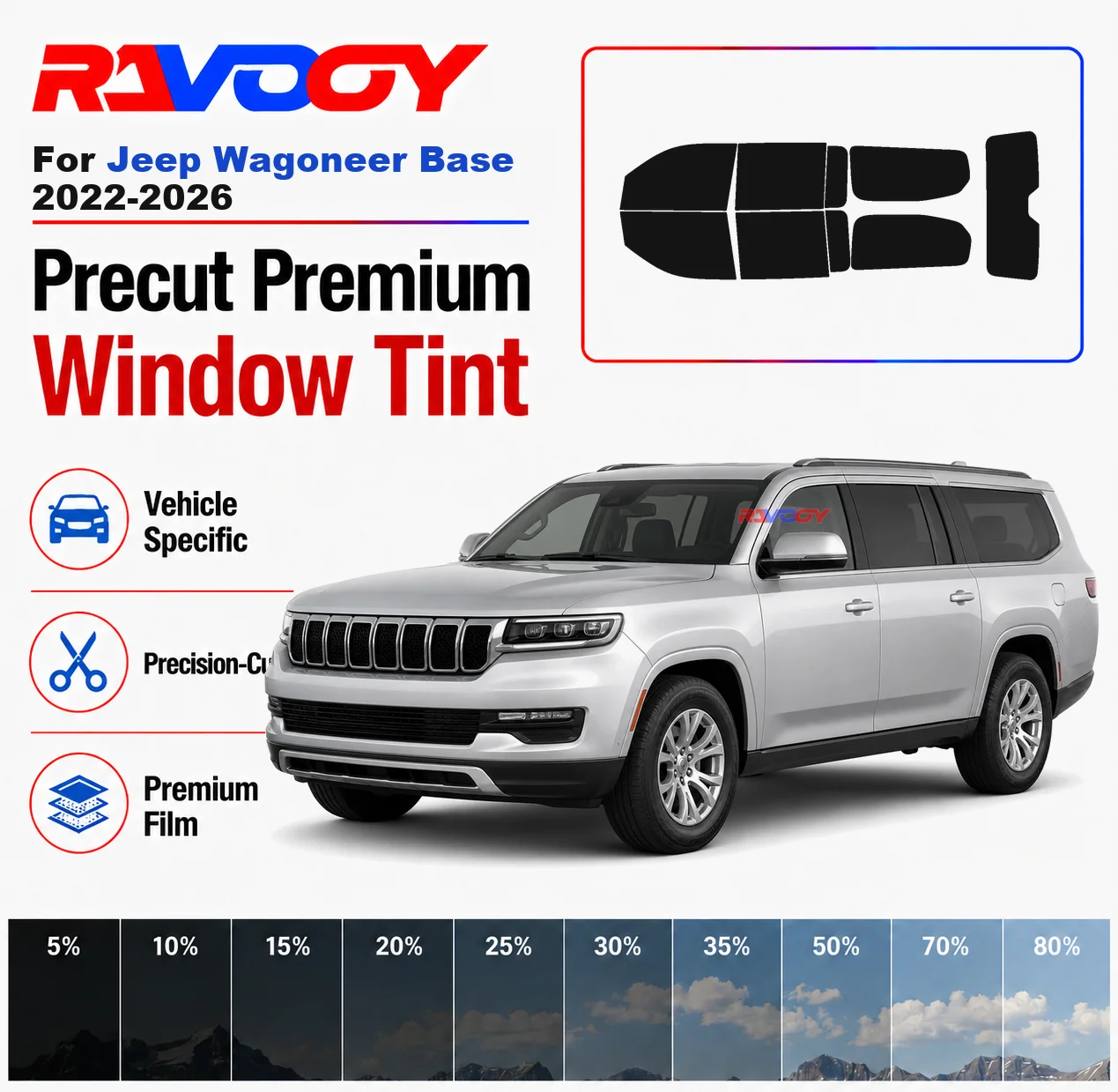 Premium Precut Window Tint Kit Front Rear Windows Rear Windshield For Jeep Wagoneer Base 2022-2026 Car Solar Nano Ceramic Film