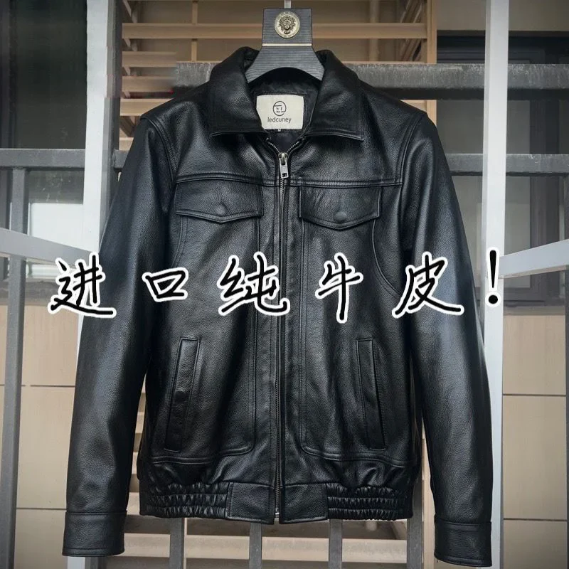 Cowhide Leather Jacket Men Lapel Coats Casual Oversized Motorcycle Jacket Men's Genuine Leather Jacket Free Shipping Everything