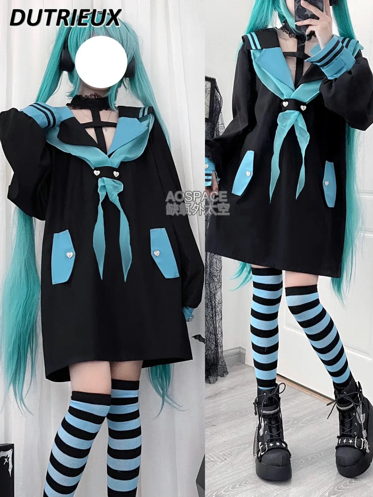 

Spring Autumn New Japanese Style Long Sleeve Straight Dress Halter Loose Multicolor Sailor Collar Long Shirt Pullover for Women