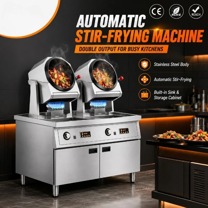 Automatic Food Processor Gas Commercial Cooking Machine Intelligent Rotary Stir Fry Wok Robot With Cabinet Base