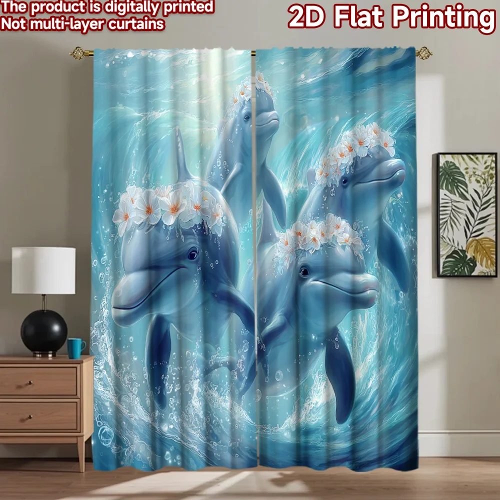 

2D flat printing 2pcs Curtains Dolphins Playing In Ocean Waves Digital Printed Polyester Drapes All Season Party & Holiday Decor