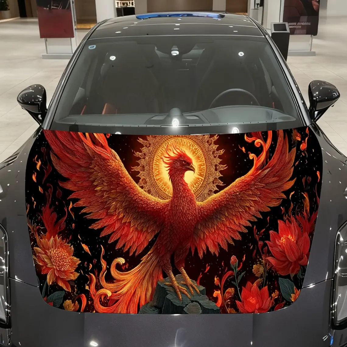 

Fire Lotus Nirvana Phoenix Comes to Life Car Vinyl Wrap, PVC Material Waterproof Car Hood Sticker, Self-Adhesive Scratch-Resista