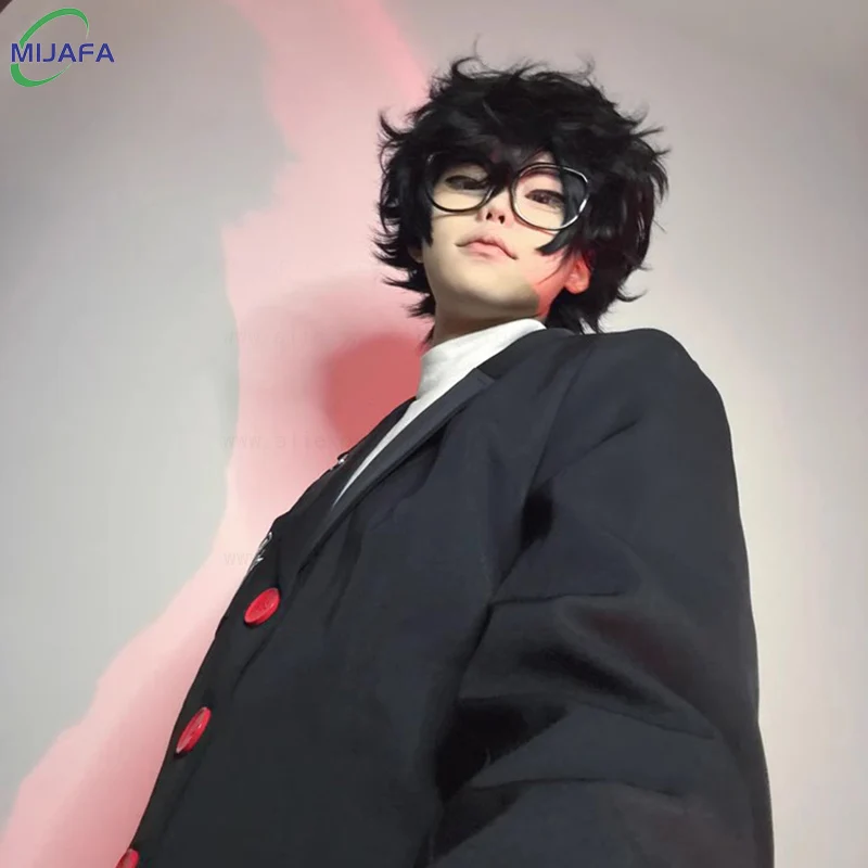 High Quality Game P5 Amamiya Ren Cosplay Wig Kurusu Akira Wig Short Black Curly Heat Resistant Synthetic Hair Anime Wigs +WigCap image 3
