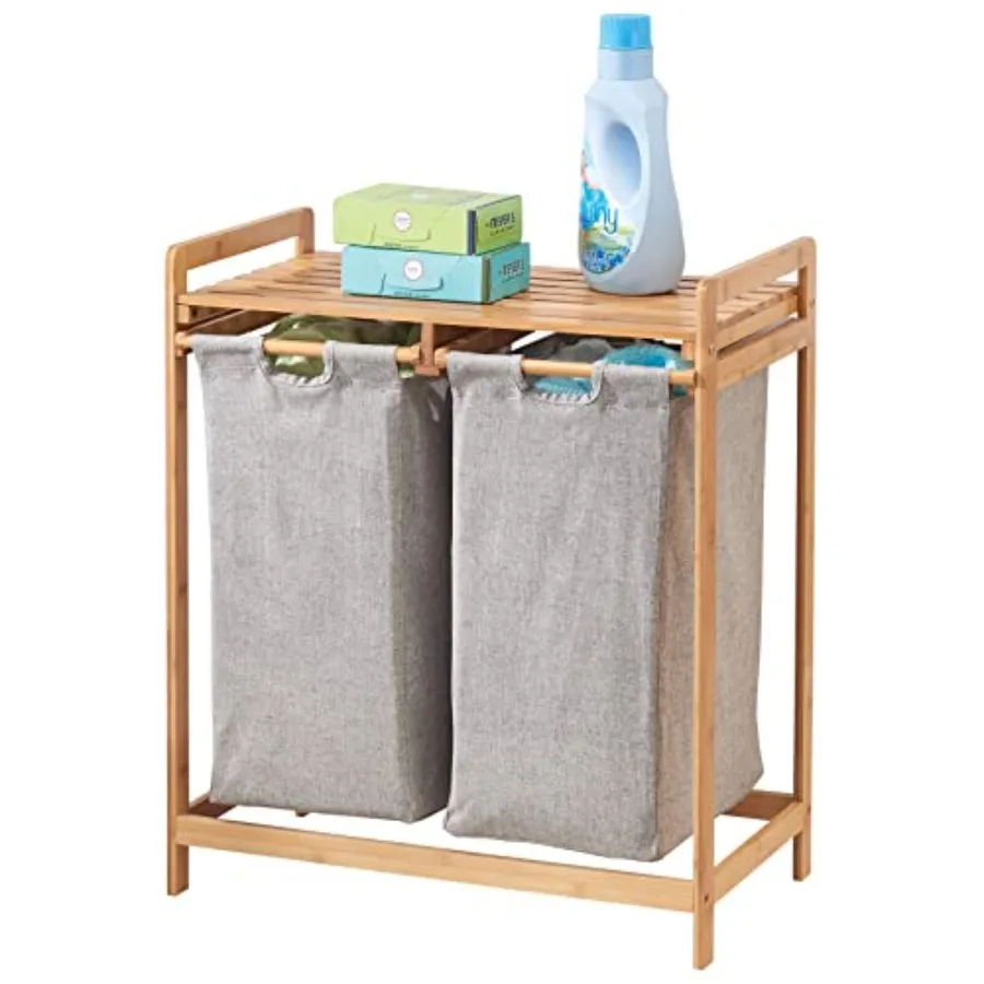 

Freestanding Bamboo 2 Section Double Laundry Organizer Hamper with Removable Storage Sorter Bags Space-Saving Basket Duo with H