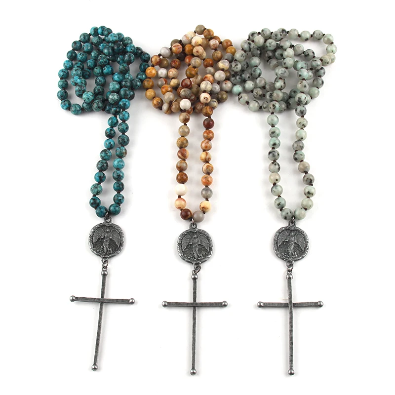 Fashion Bohemian Jewelry Accessory 8mm Beaded Stone Knotted Black Metal Cross Pendant Necklaces For Women Festival Gift