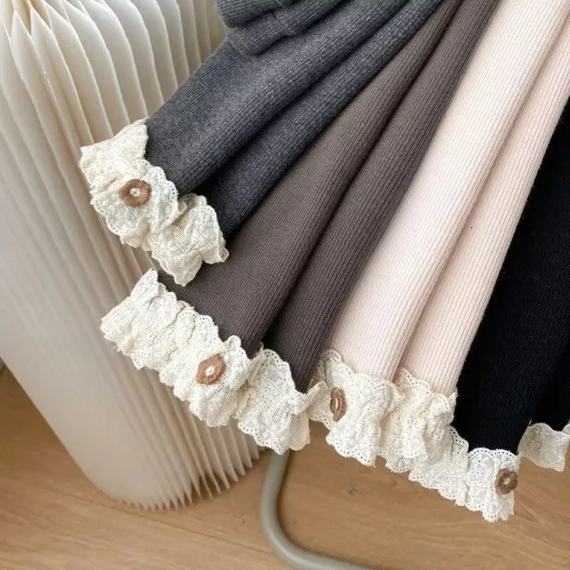 Leggings para Niñas con Forro Polar y Ribete de Encaje, Pantalones de Punto Cálidos y Elásticos para Bebés y Niñas Pequeñas, Color Negro y Gris