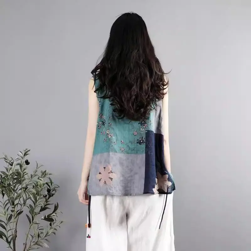 2025 レトロカラーブロッキングノースリーブベスト女性夏ルーズトップ