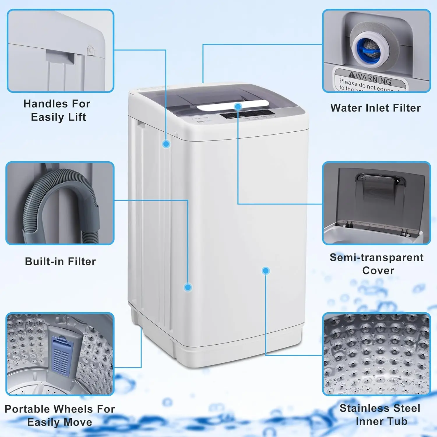 Washer Machine, Portable Washing Machine, 1.7 Cu.Ft.Laundry Washer Spin with 10 Wash Programs& LED Display& Built-in Drain Pump,