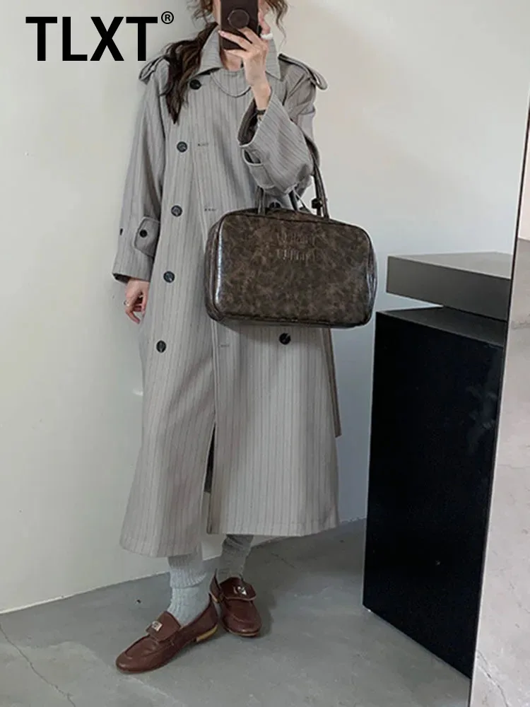 

TLXT Fashion Women's Trench Coat Turn-Down Collar Double-Breasted Loose-Fit Lace-Up Oversized Mid-Length Coat 2025 Winter New