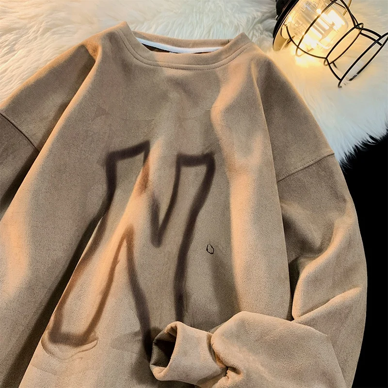 

American Sle Men's Sweatirt Heavyweight Suede round Ne Base irt Trendy Loose Couple Outfit Jaet Youth ular Autumn