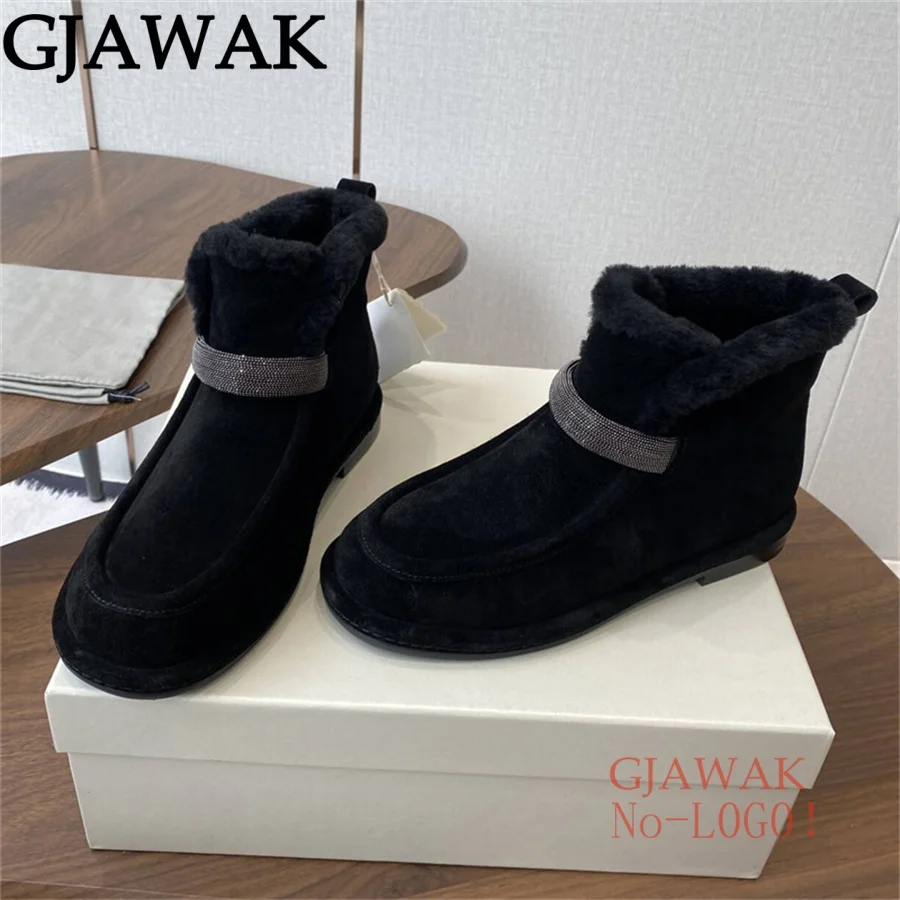 New Winter Wool Snow Boots Women String Bead Suede Leather Ankle Boots For Women Warm Fur Flat Shoes Woman Boots Women