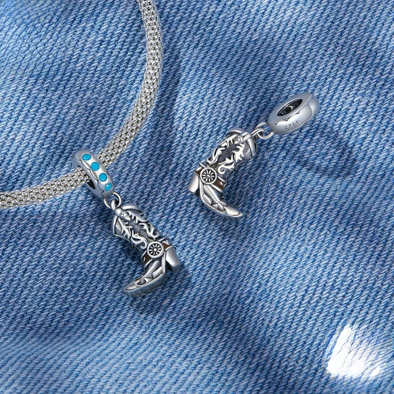 Retro Western Cowboy Lederstiefel Hut DIY Anhänger Türkis Drcher S925 Silber Armband Zubehör Faion Schmuck