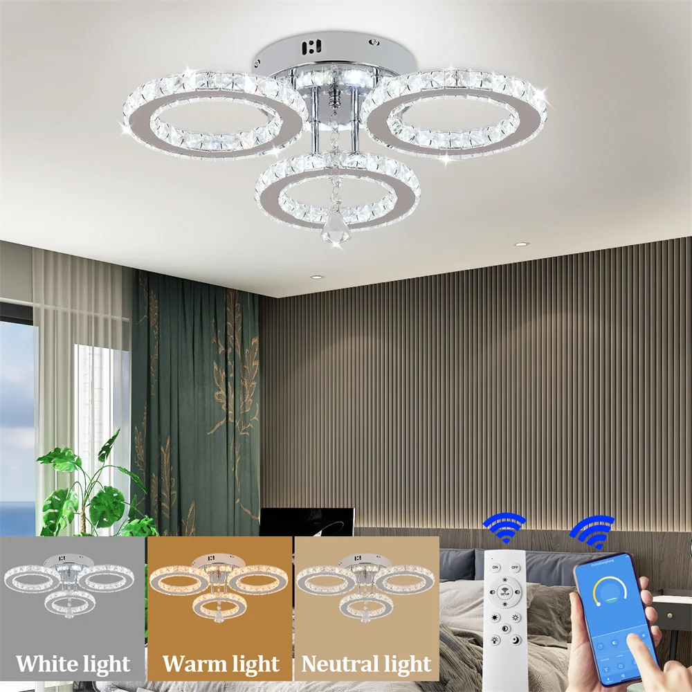 Candelabro de cristal moderno com App, Regulável Luminária de Teto, Anéis Forma, Montagem nivelada, Quarto, Sala