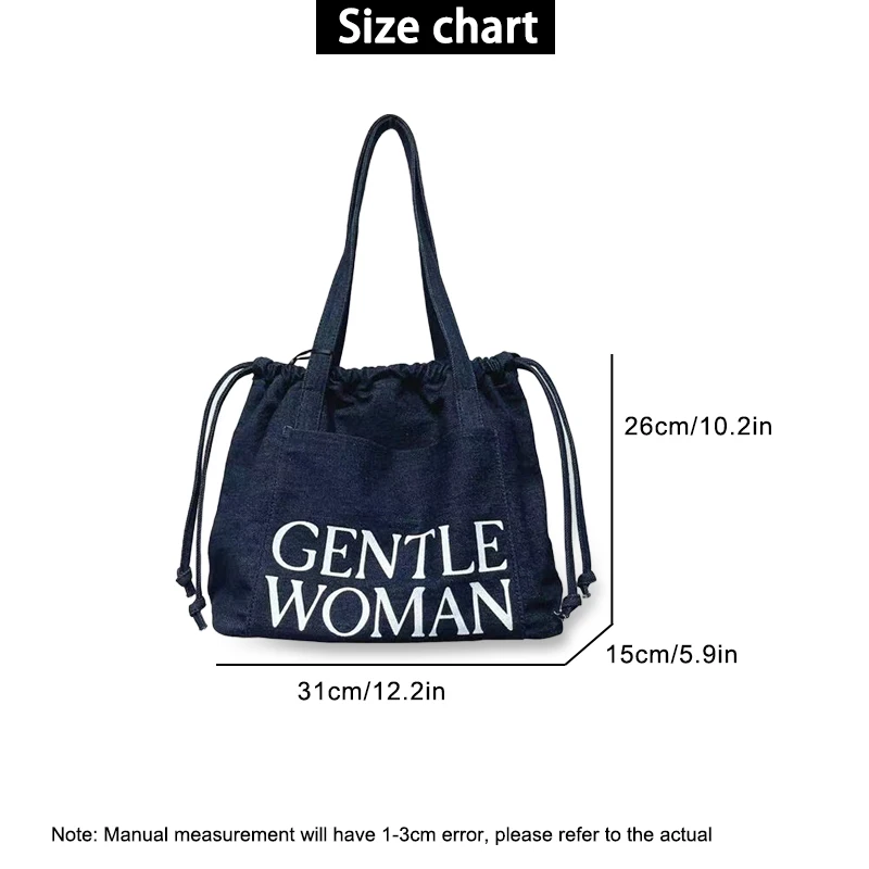 EverToner Square Denim Tote Bag Letter Decorate Drawstring Design Women's Fashion Shoulder Purse Large Capacity Shopping Handbag