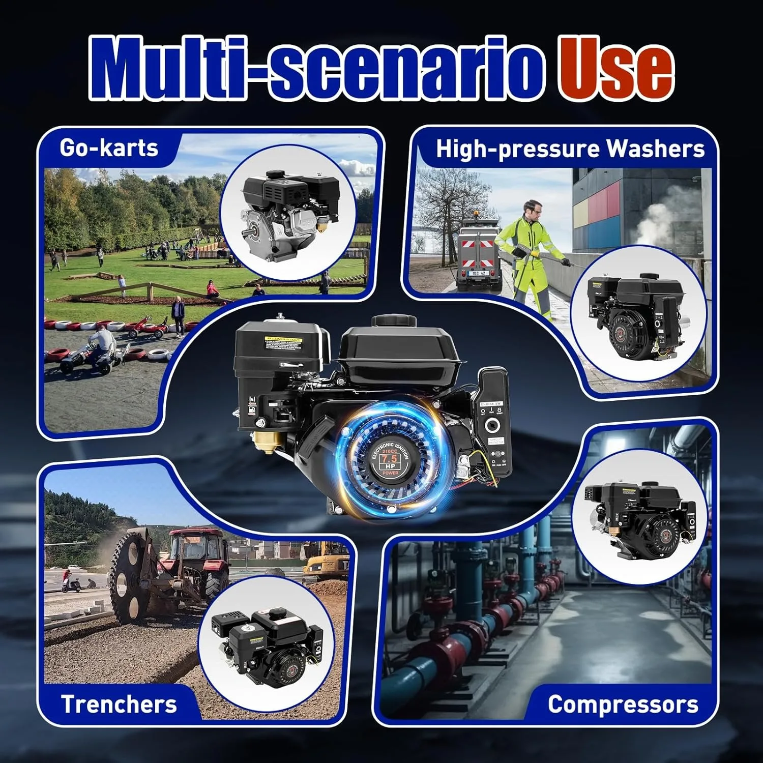 محرك غاز أسود رباعي الأشواط 7.5HP 210CC - OHV مبرد بالهواء، يستبدل Honda GX160 لـ Go-Kart والحراثة والمزيد